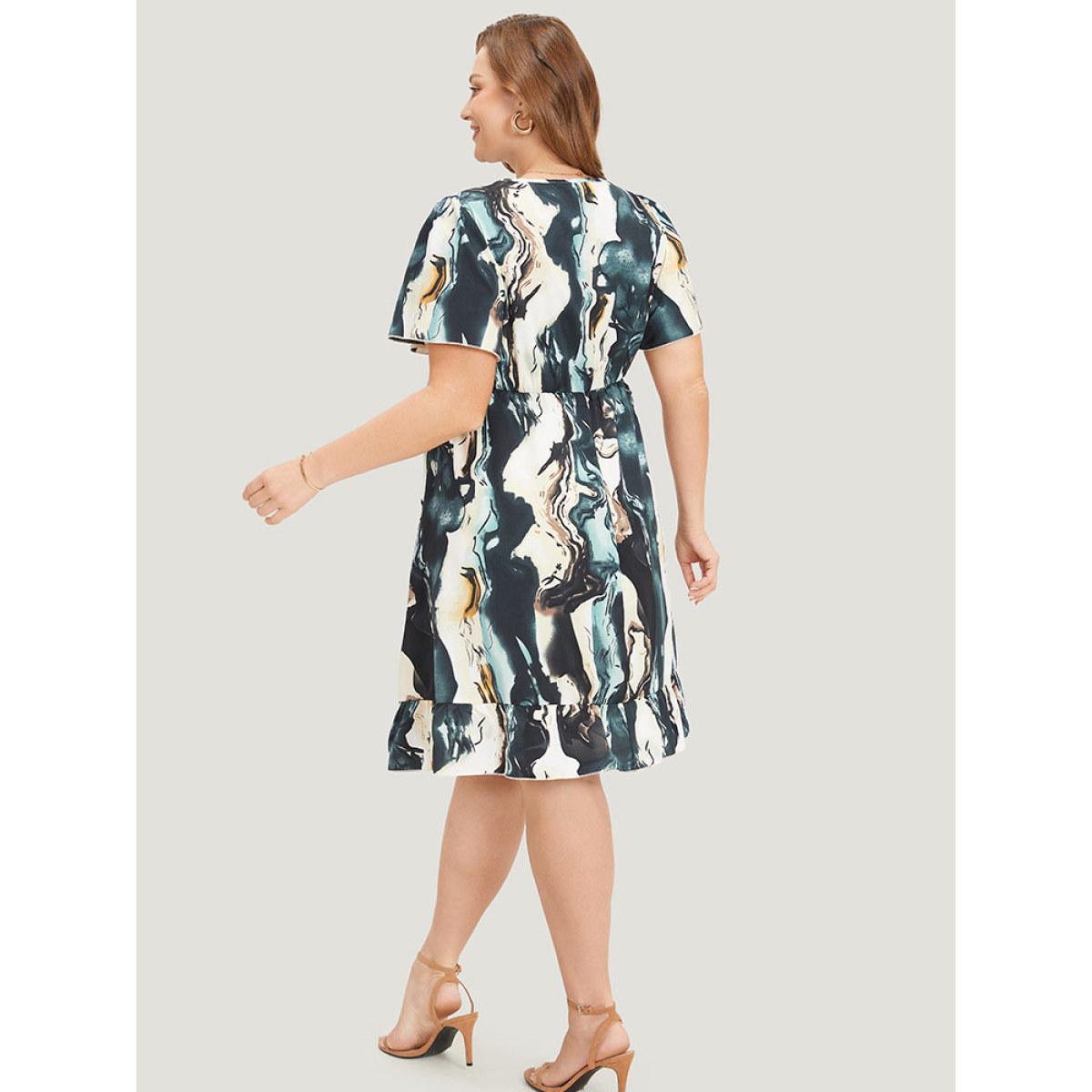 Plus Size Water Ripple Print Ruffles Pocket Guipure Lace Dress Aegean Women Elegant V-neck Short sleeve Curvy Knee Dress BloomChic 18-20/2X Product Image