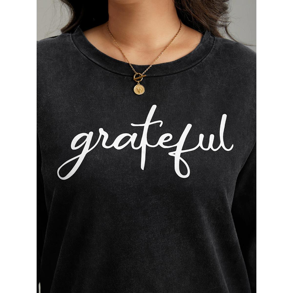 Plus Size Solid Letter Print Crew Neck Sweatshirt Women Black Casual Printed Dailywear Sweatshirts BloomChic 10/M Product Image