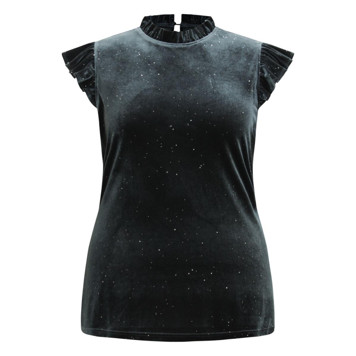 Plus Size Velvet Frill Trim Ruffle Cap Sleeve Tank Top Women Gray Elegant Velvet Mock Neck Dailywear Tank Tops Camis BloomChic 18-20/2X Product Image