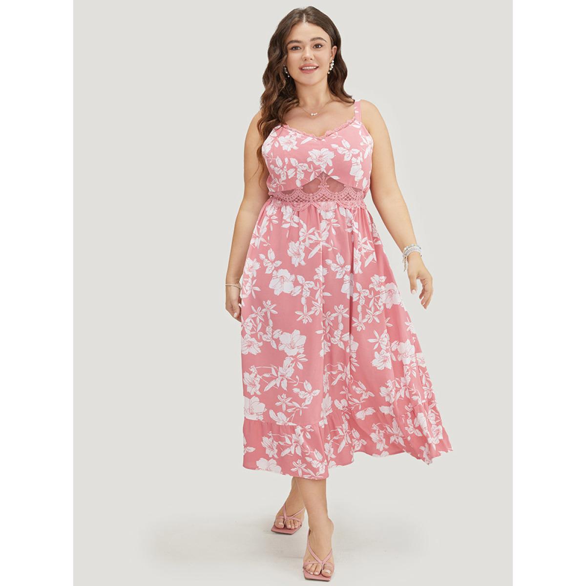 Plus Size Floral Ruffle Hem Pocket Lace Mesh Insert Cami Dress Rouge Women Elegant Adjustable Straps Spaghetti Strap Sleeveless Curvy Midi Dress BloomChic 26/4X Product Image