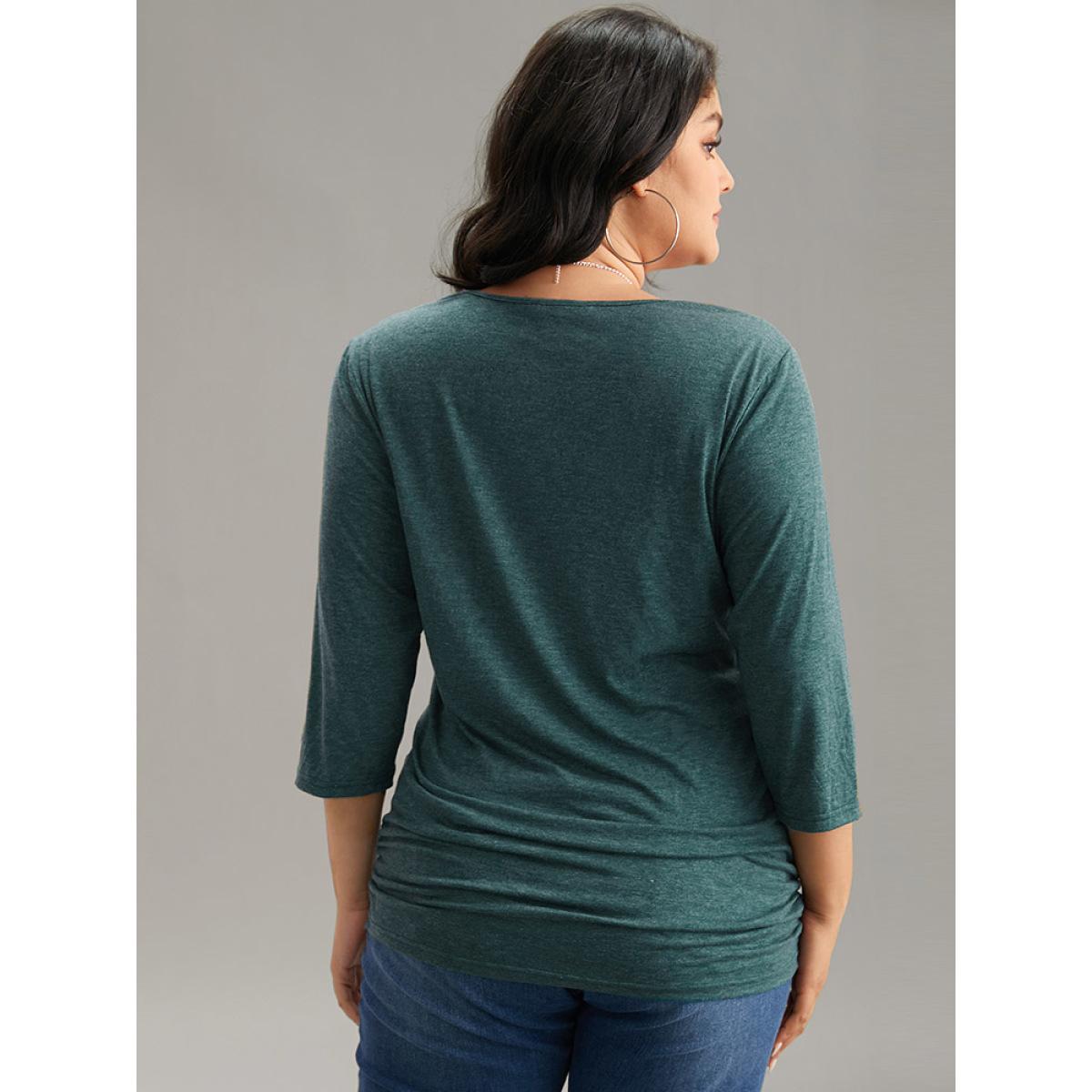 Plus Size Solid Gathered Contrast Lace V Neck T-shirt DarkGreen Women Elegant Gathered Plain V-neck Everyday T-shirts BloomChic 14-16/1X Product Image