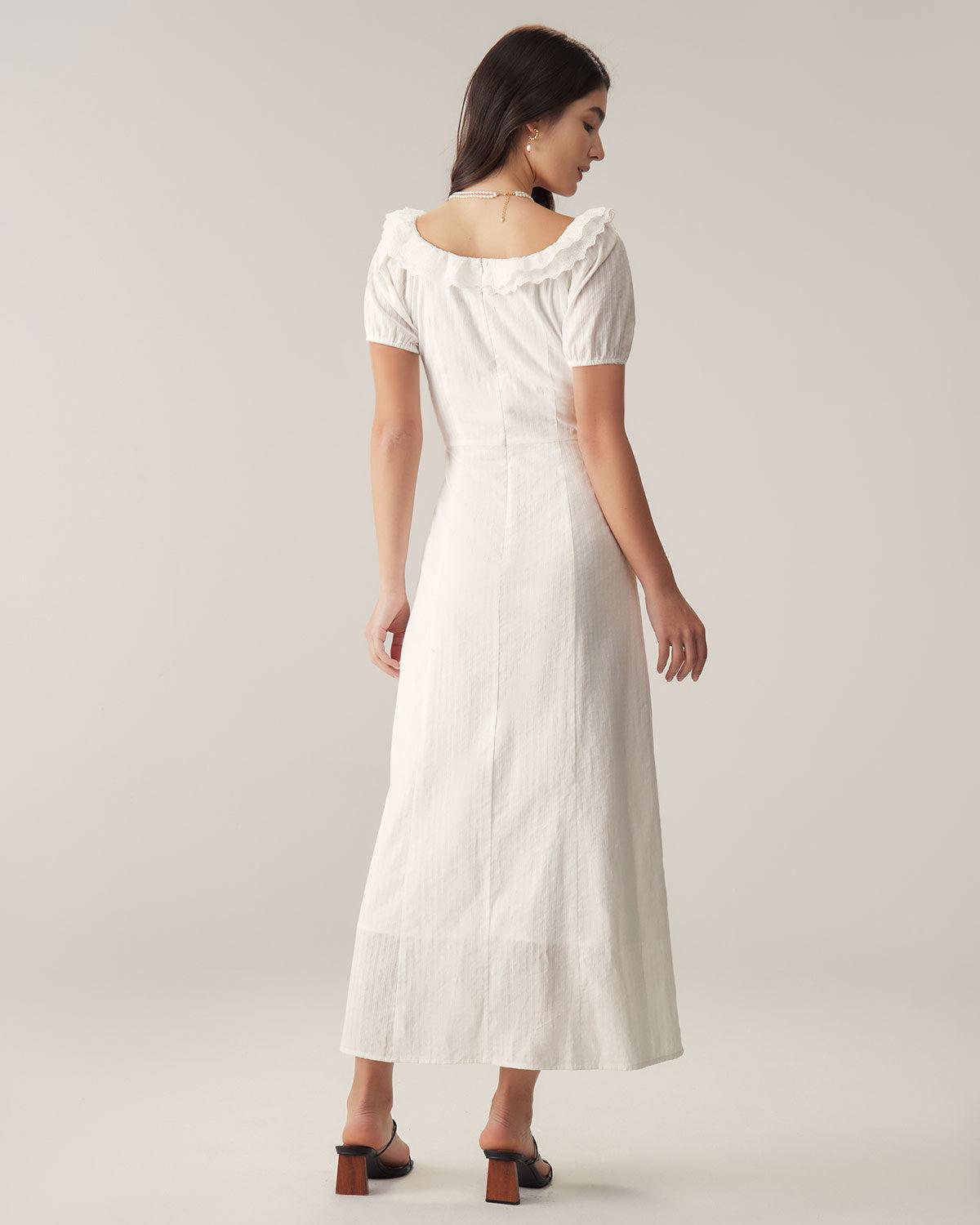 White Embroidery Puffed Sleeve Maxi Dress Product Image