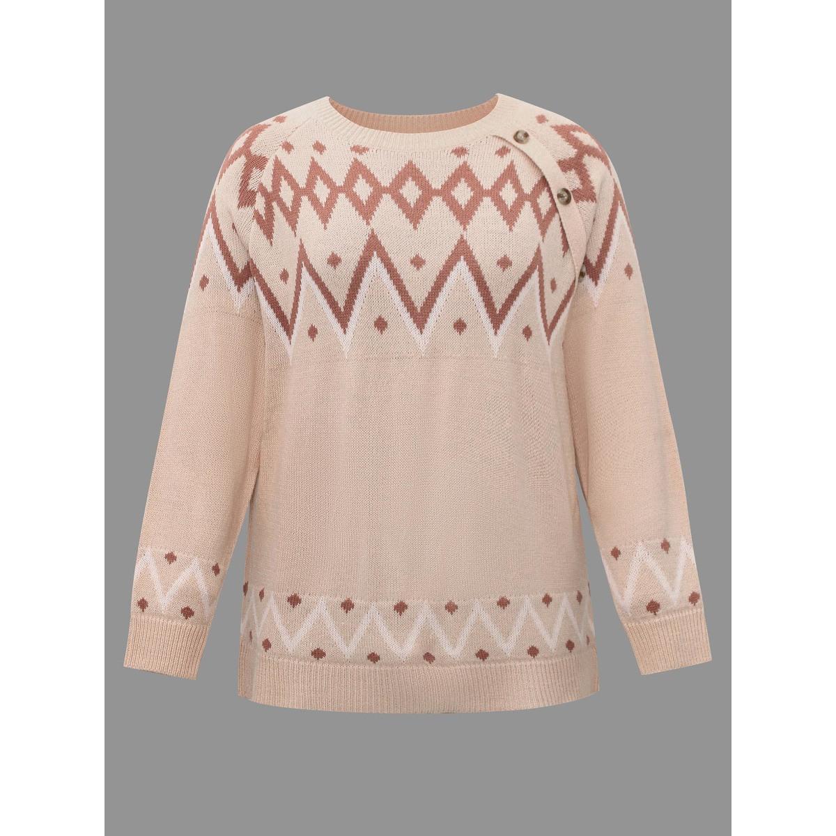 Plus Size Jacquard Print Button Round Neck Pullover Apricot Women Casual Loose Long Sleeve Round Neck Everyday Pullovers BloomChic 28/5X Product Image