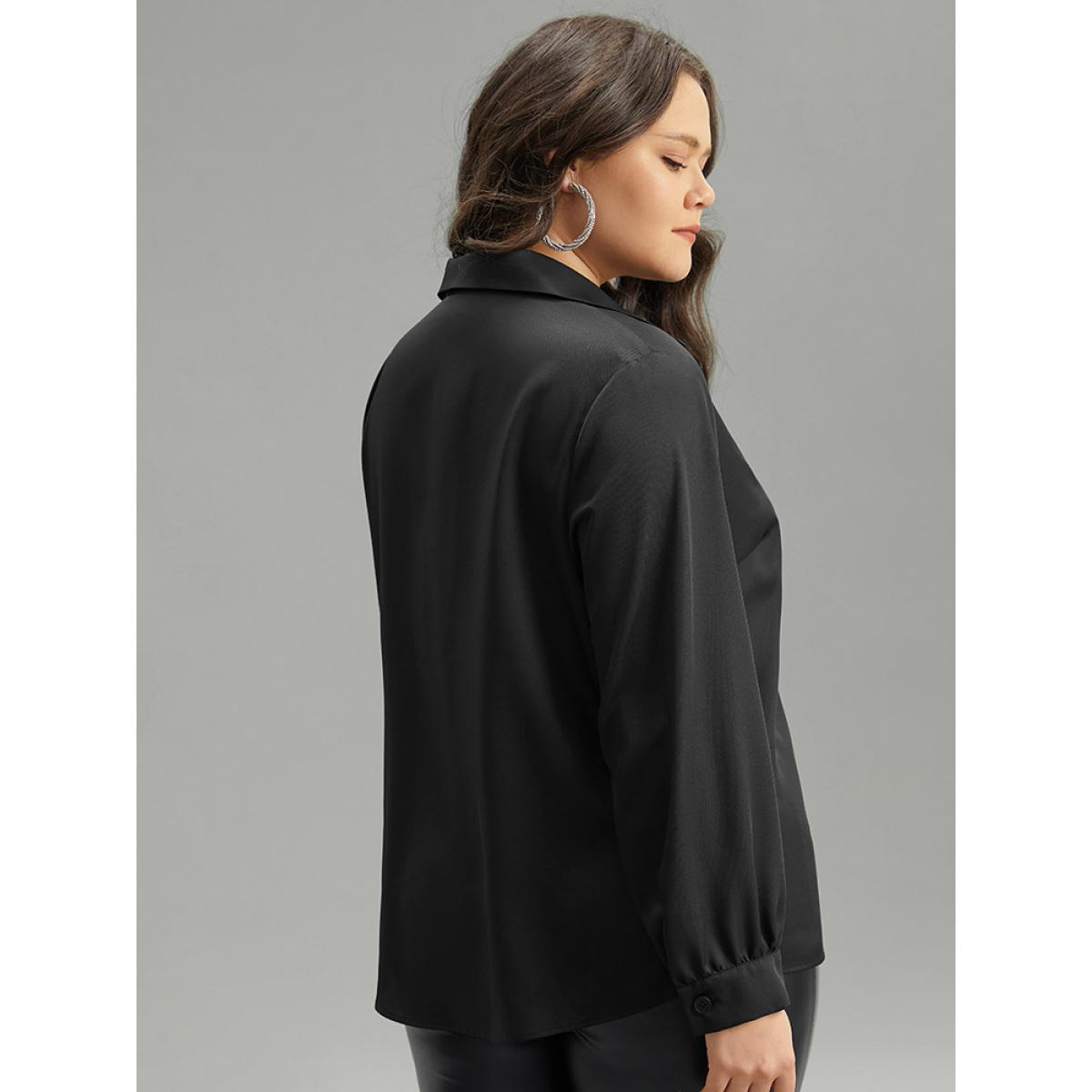 Plus Size Black Twill Rhinestone Contrast Webbing Button Through Blouse Women Glamour Long Sleeve Shirt collar Going out Blouses BloomChic 12/L Product Image