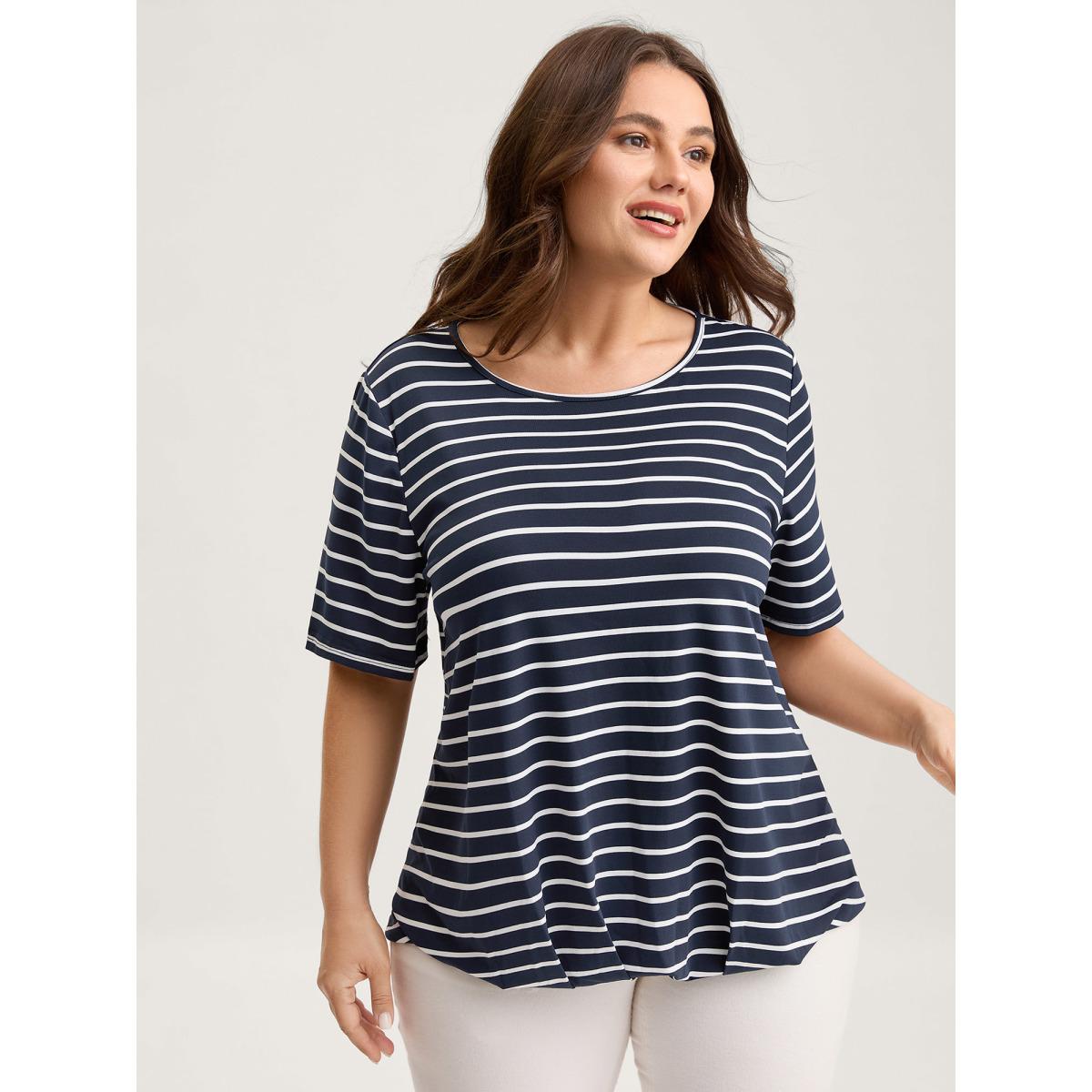 Plus Size Striped Relaxed Fit Round Neck T-Shirt Indigo Women Pleated Round Neck Everyday-Casual T-shirts BloomChic 14-16/1X Product Image
