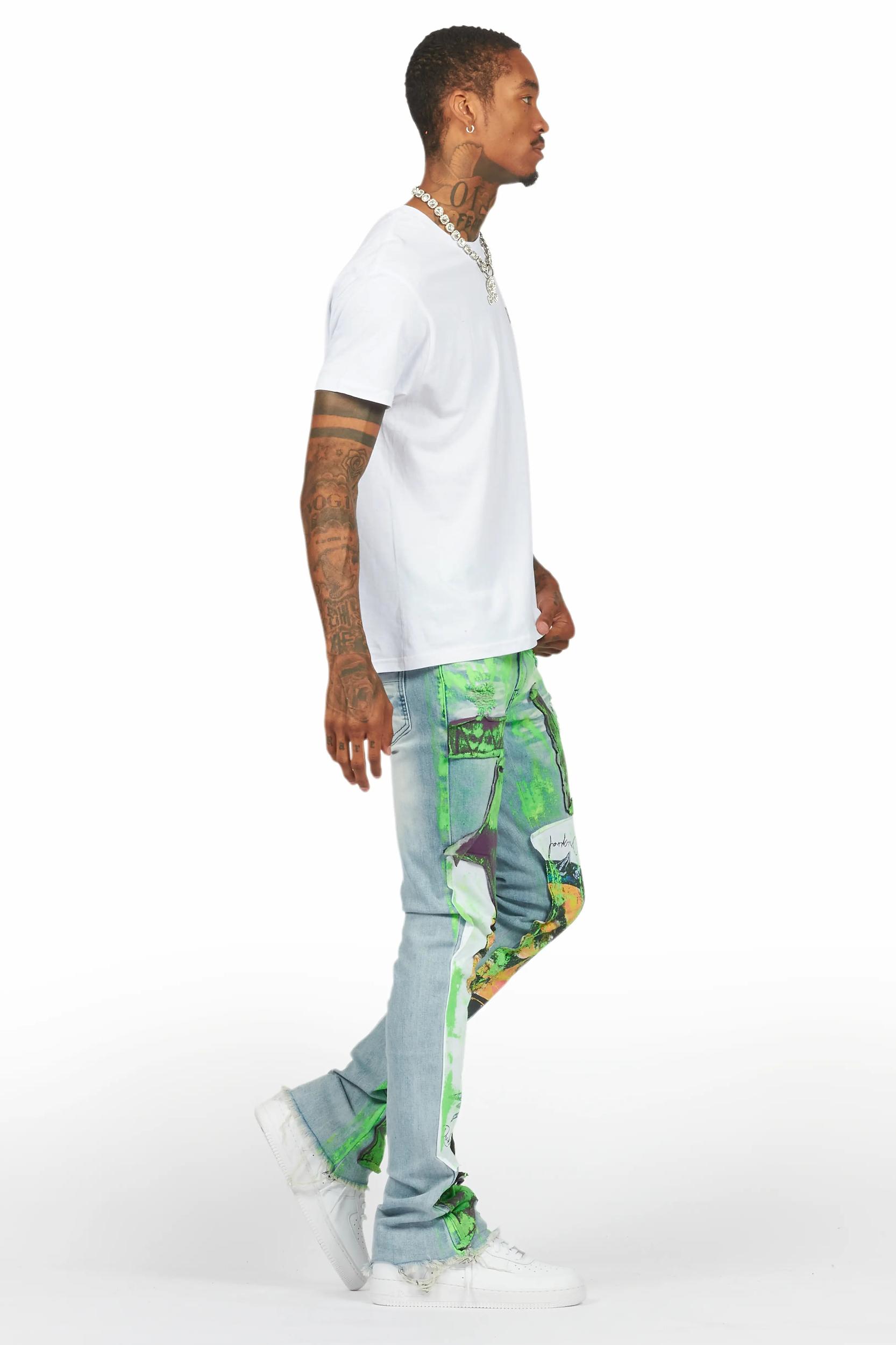 Savier Blue/Green Roller Paint Stacked Flare Jean Male Product Image