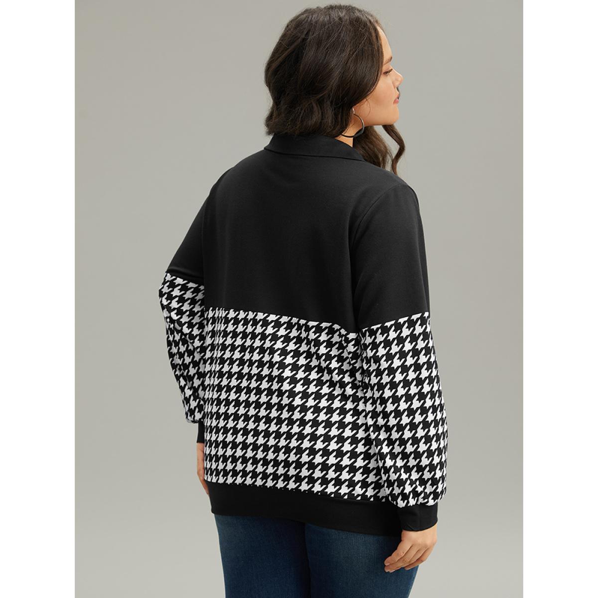 Plus Size Houndstooth Patchwork Half Zip Sweatshirt Women Black Casual Elastic cuffs Polo Dailywear Sweatshirts BloomChic 26/4X Product Image