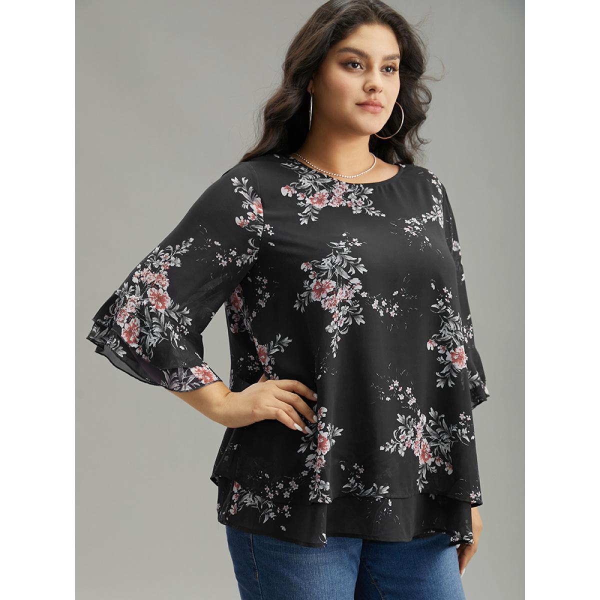 Plus Size BlackFlower Floral Chiffon Ruffle Sleeve Mesh Patchwork Blouse Women Elegant Elbow-length sleeve Round Neck Everyday Blouses BloomChic 12/L Product Image