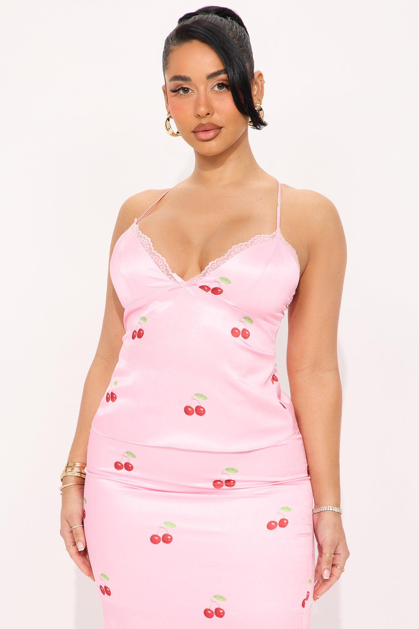 Cherry Delight Satin Skirt Set - Pink/combo Product Image