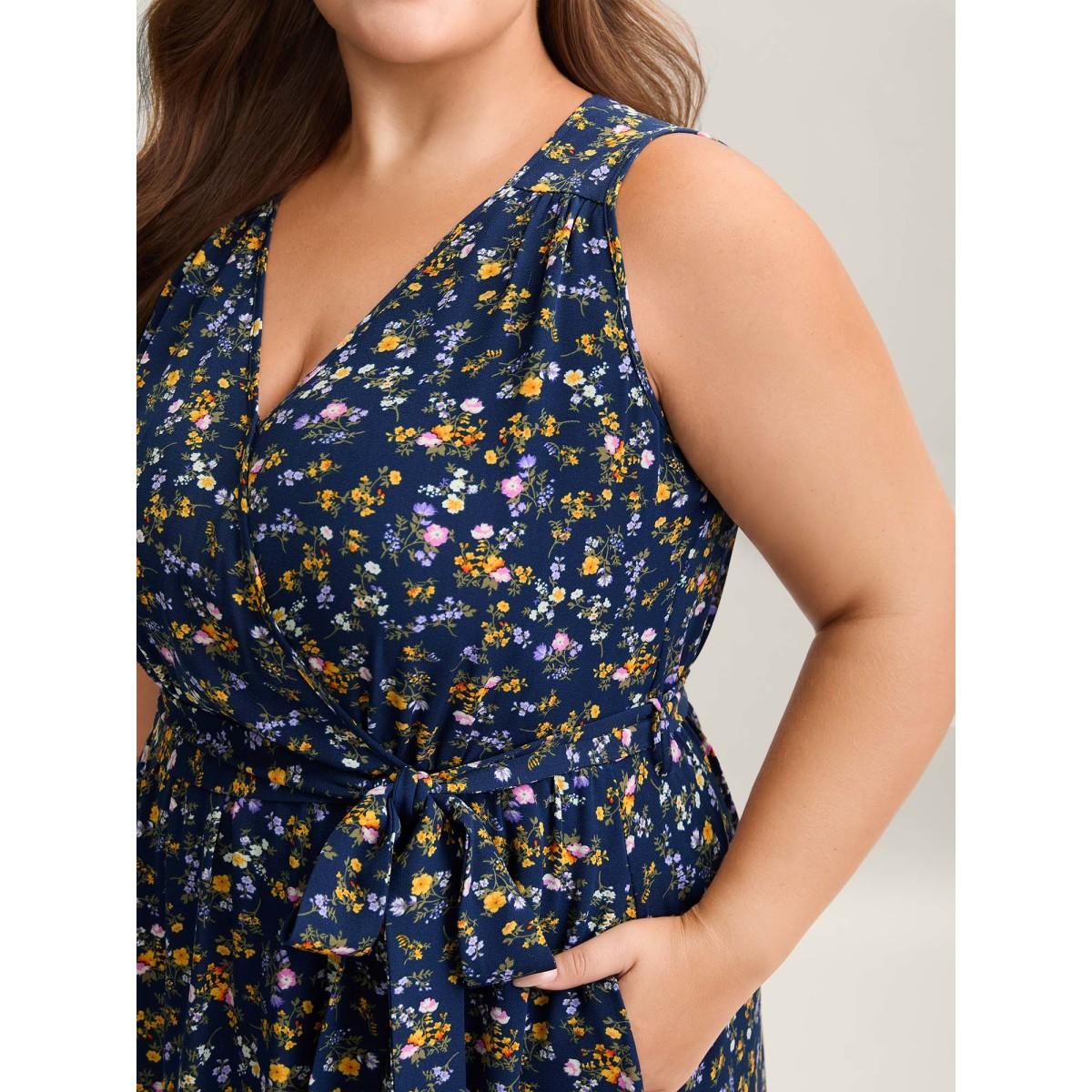 Plus Size Stretch Woven Floral Belted Pockets Midi Dress Navy Women Elegant Belted Overlap Collar Sleeveless Curvy BloomChic 22-24/3X Product Image