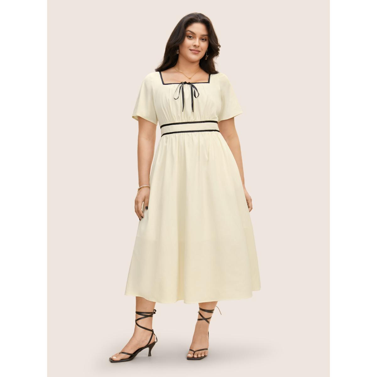 Plus Size Contrast Trim Tie Knot Elastic Waist Dress Ivory Women Elegant Tie knot Square Neck Short sleeve Curvy BloomChic 22-24/3X Product Image