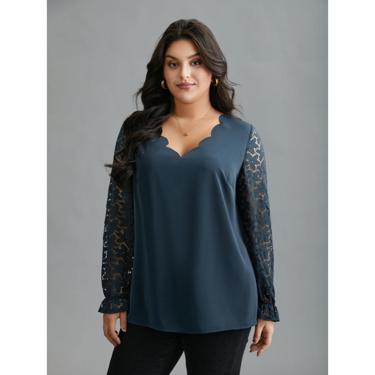 Plus Size Indigo Sheer Floral Sleeve Scalloped Neck Shirt Women Elegant Long Sleeve V-neck Everyday Blouses BloomChic 28/5X Product Image