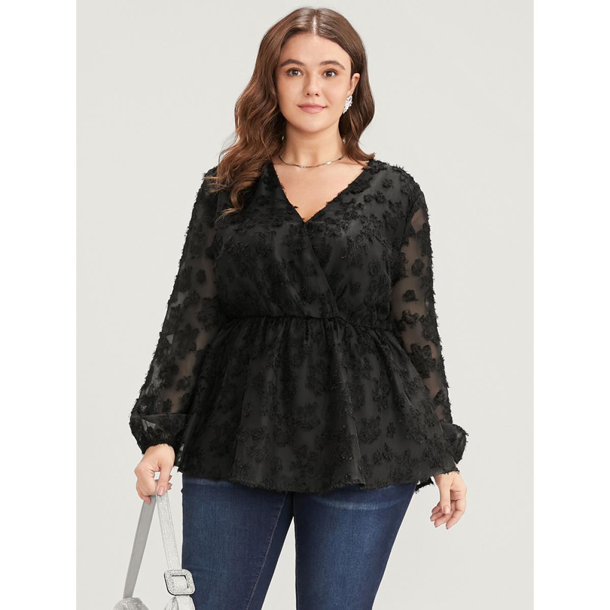 Plus Size Black Floral Mesh Lantern Sleeve Surplice Neck Fuzzy Blouse Women Glamour Long Sleeve V-neck Going out Blouses BloomChic 22-24/3X Product Image