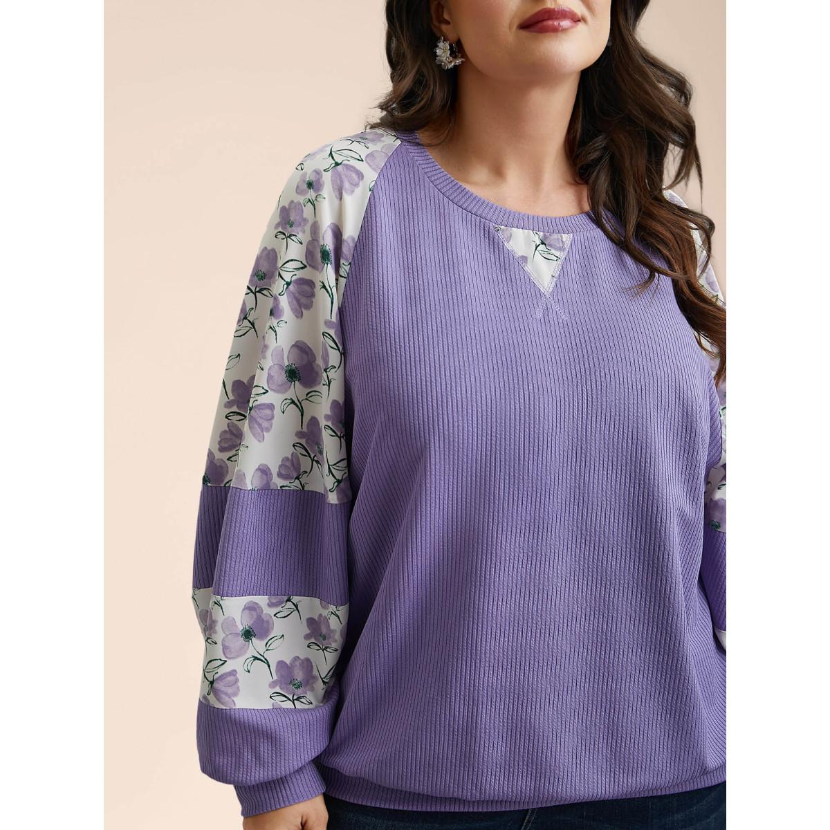 Plus Size Ribbed Floral Patchwork Raglan Sleeve Sweatshirt Women Lilac Elegant Texture Round Neck Everyday Sweatshirts BloomChic 22-24/3X Product Image