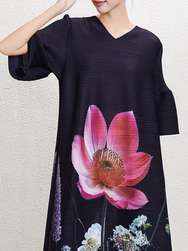 A-Line Flared Sleeves Flower Print Pleated V-Neck Maxi Dresses Product Image