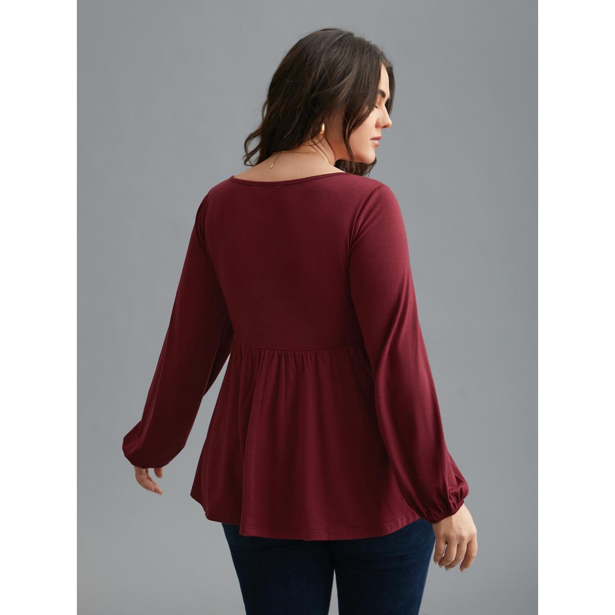 Plus Size Floral Embroidery Gathered Lantern Sleeve T-shirt Scarlet Women Elegant Gathered Natural Flowers Boat Neck Everyday T-shirts BloomChic 10/M Product Image