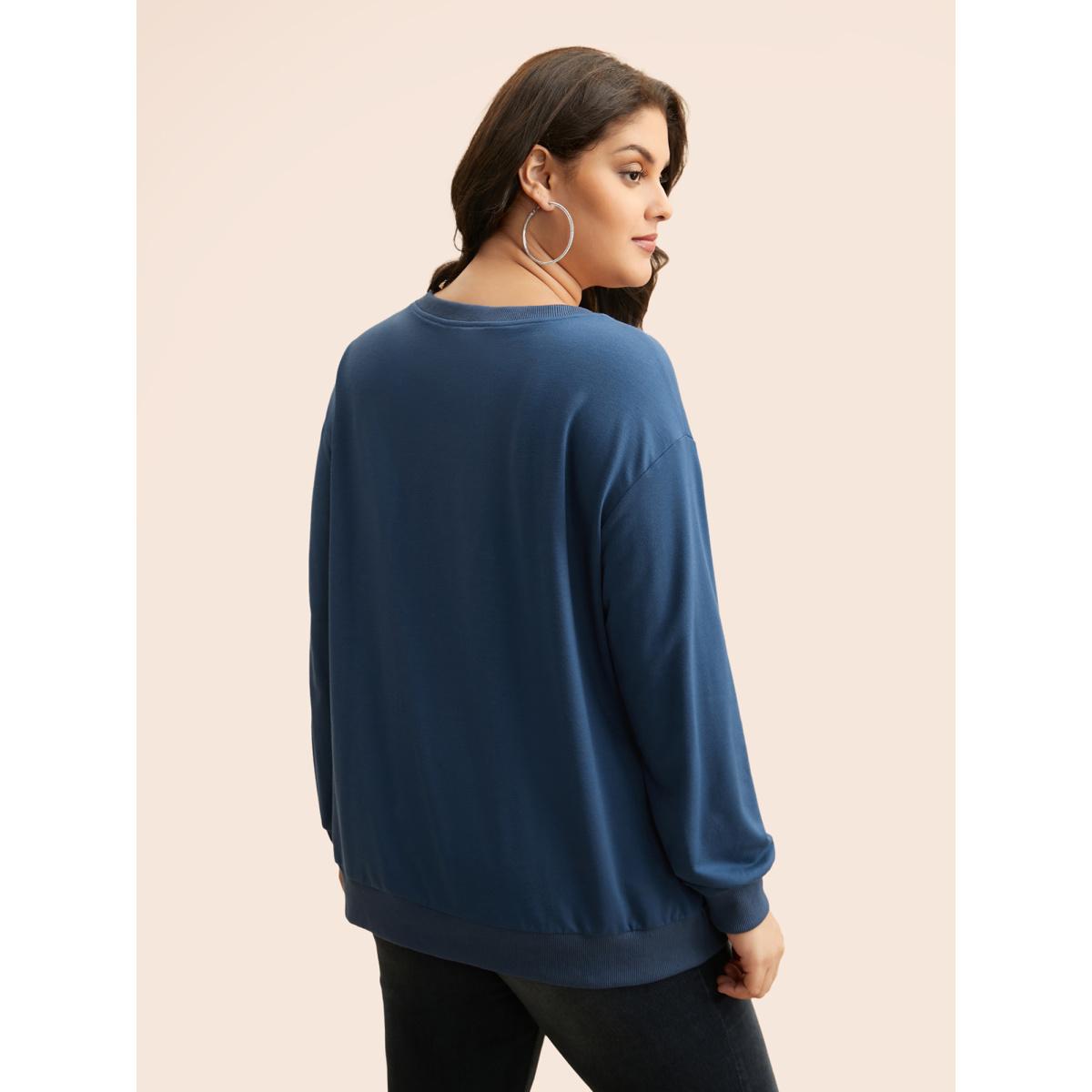 Plus Size Floral Print Drop Shoulder Sleeve Sweatshirt Women Navy Casual Patchwork Loose Round Neck Everyday Sweatshirts BloomChic 26/4X Product Image