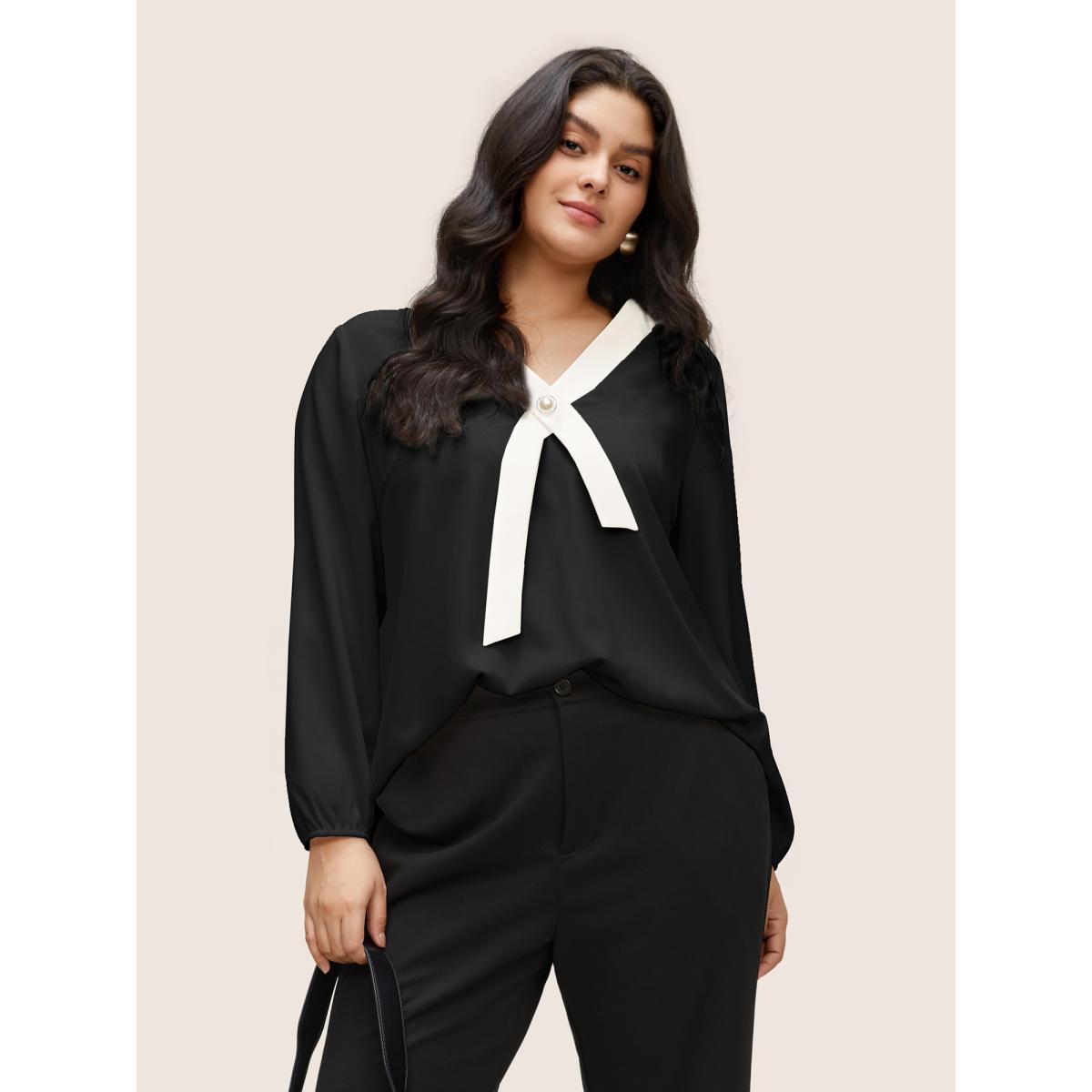 Plus Size Black Contrast Pearl Decor Tie Decoration Blouse Women At the Office Long Sleeve V-neck Office Blouses BloomChic 18-20/2X Product Image