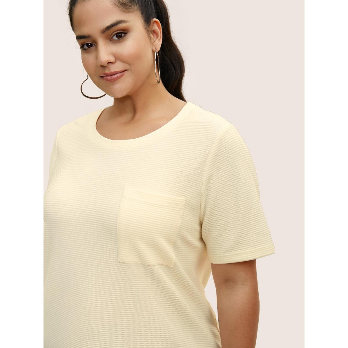 Plus Size Solid Waffle Knit Patched Pocket T-shirt Beige Women Casual Texture Round Neck Everyday T-shirts BloomChic 18-20/2X Product Image