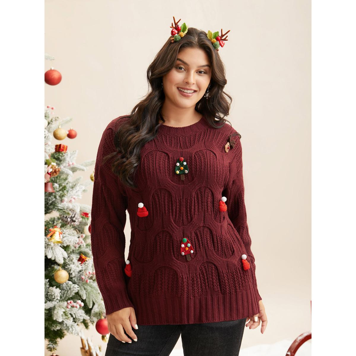 Plus Size Tis The Season Motifs Cable Knit Pullover Scarlet Women Casual Loose Long Sleeve Round Neck Everyday Pullovers BloomChic 18-20/2X Product Image