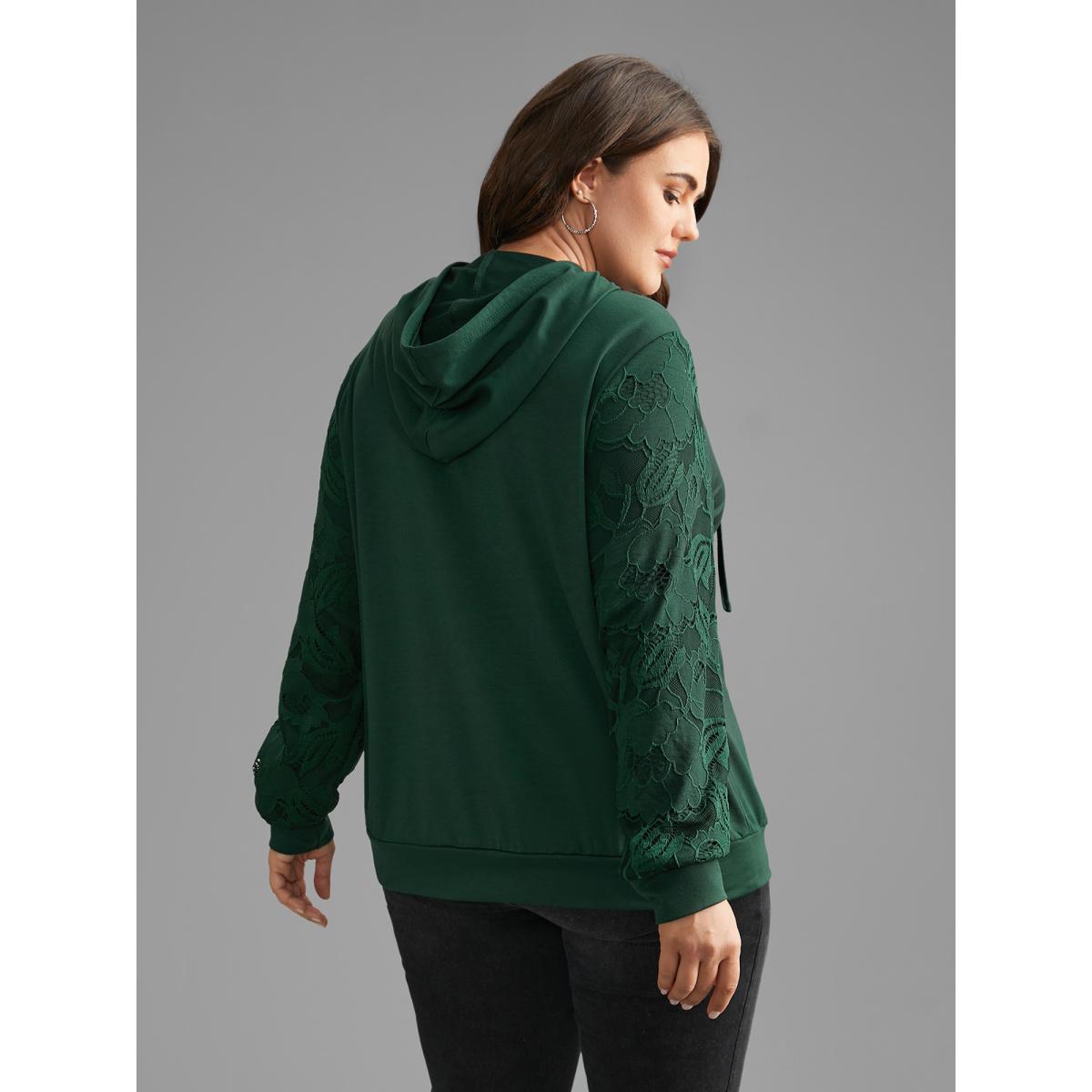 Plus Size Lace Patchwork Pocket Hooded Drawstring Sweatshirt Women DarkGreen Casual Patchwork Hooded Everyday Sweatshirts BloomChic 26/4X Product Image