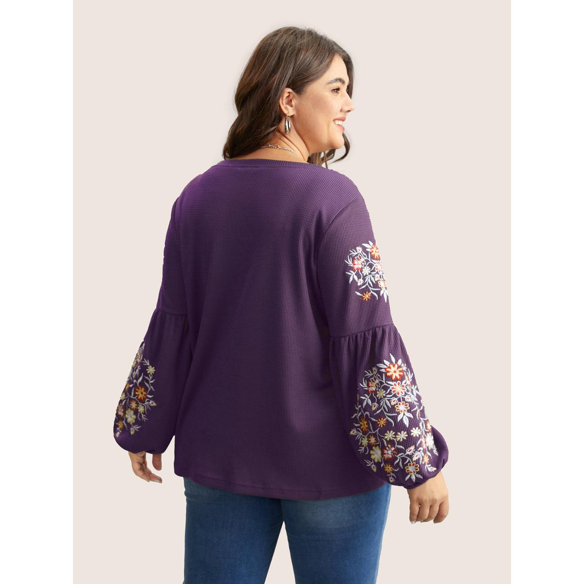 Plus Size Waffle Knit Floral Embroidered Lantern Sleeve T-shirt Mauve Women Elegant Texture Floral Round Neck Everyday T-shirts BloomChic 12/L Product Image