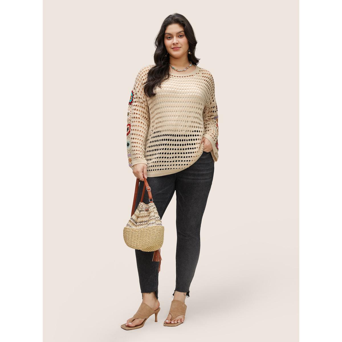Plus Size Floral Crochet Pointelle Knit Pullover Apricot Women Resort Long Sleeve Round Neck Vacation Pullovers BloomChic 26/4X Product Image