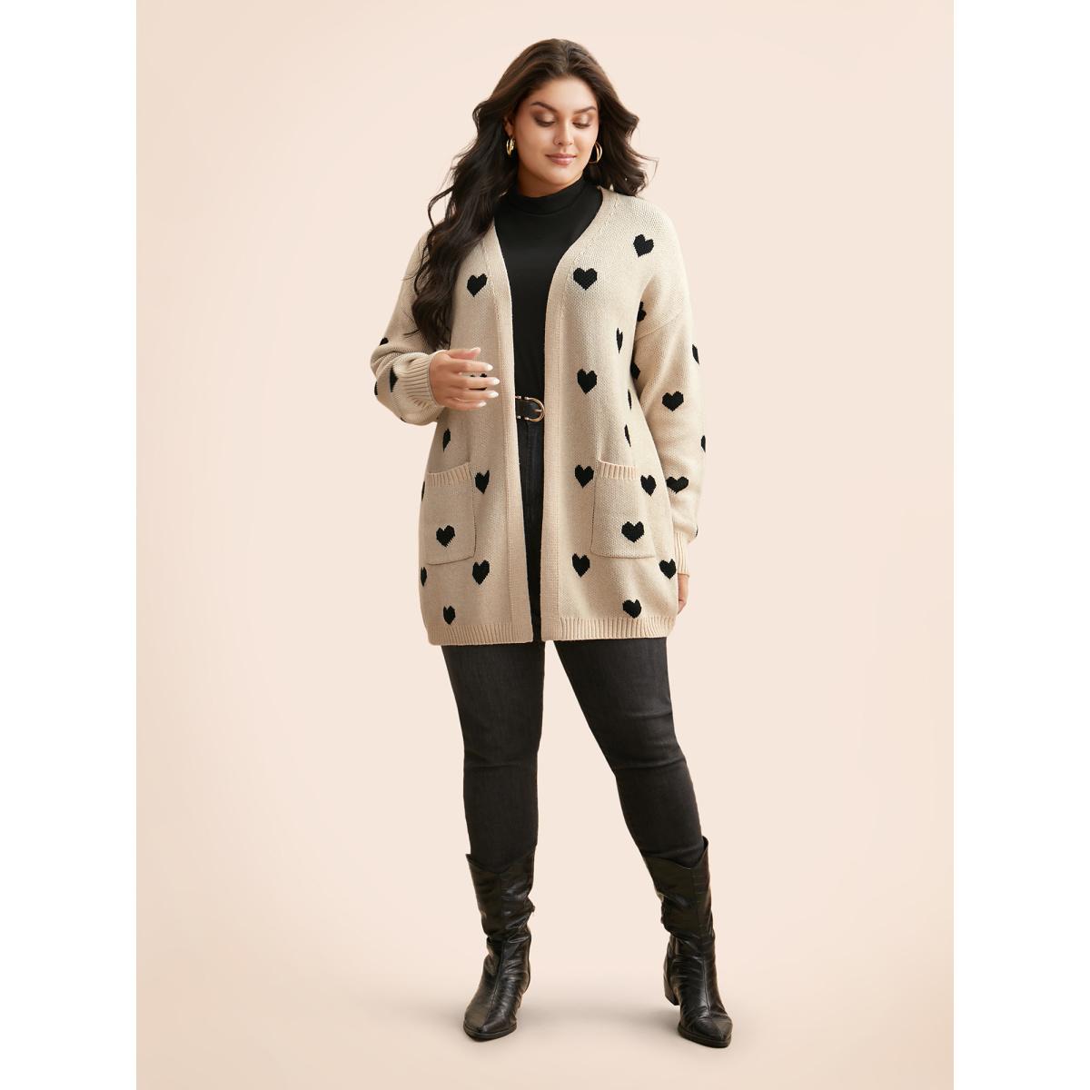 Plus Size Heart-shaped Pattern Patch Pocket Cardigan Apricot Women Basics Loose Long Sleeve Everyday Cardigans BloomChic 14-16/1X Product Image