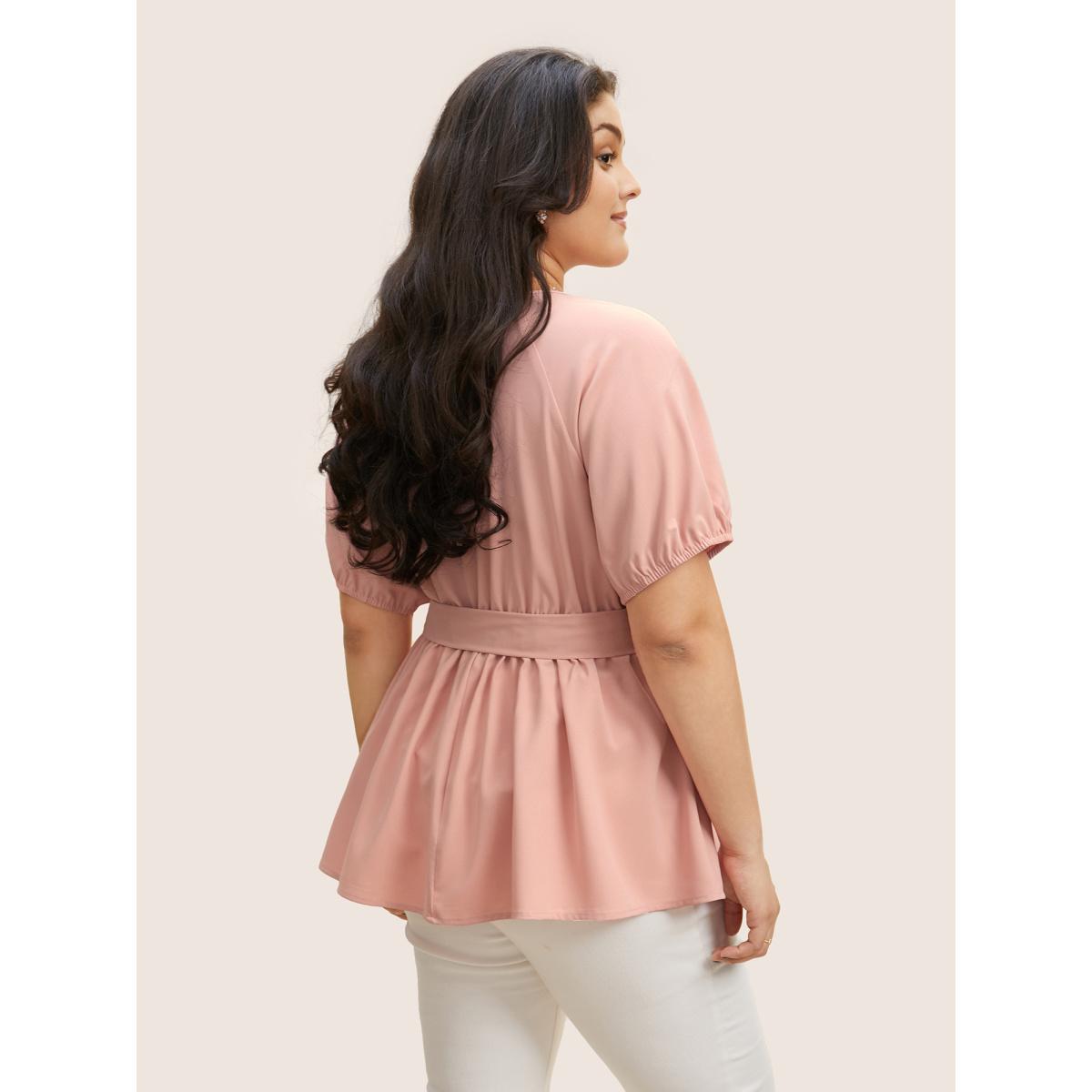 Plus Size Dirtypink Solid Frill Trim Lantern Sleeve Belted Blouse Women Elegant Short sleeve Notched collar Everyday Blouses BloomChic 12/L Product Image
