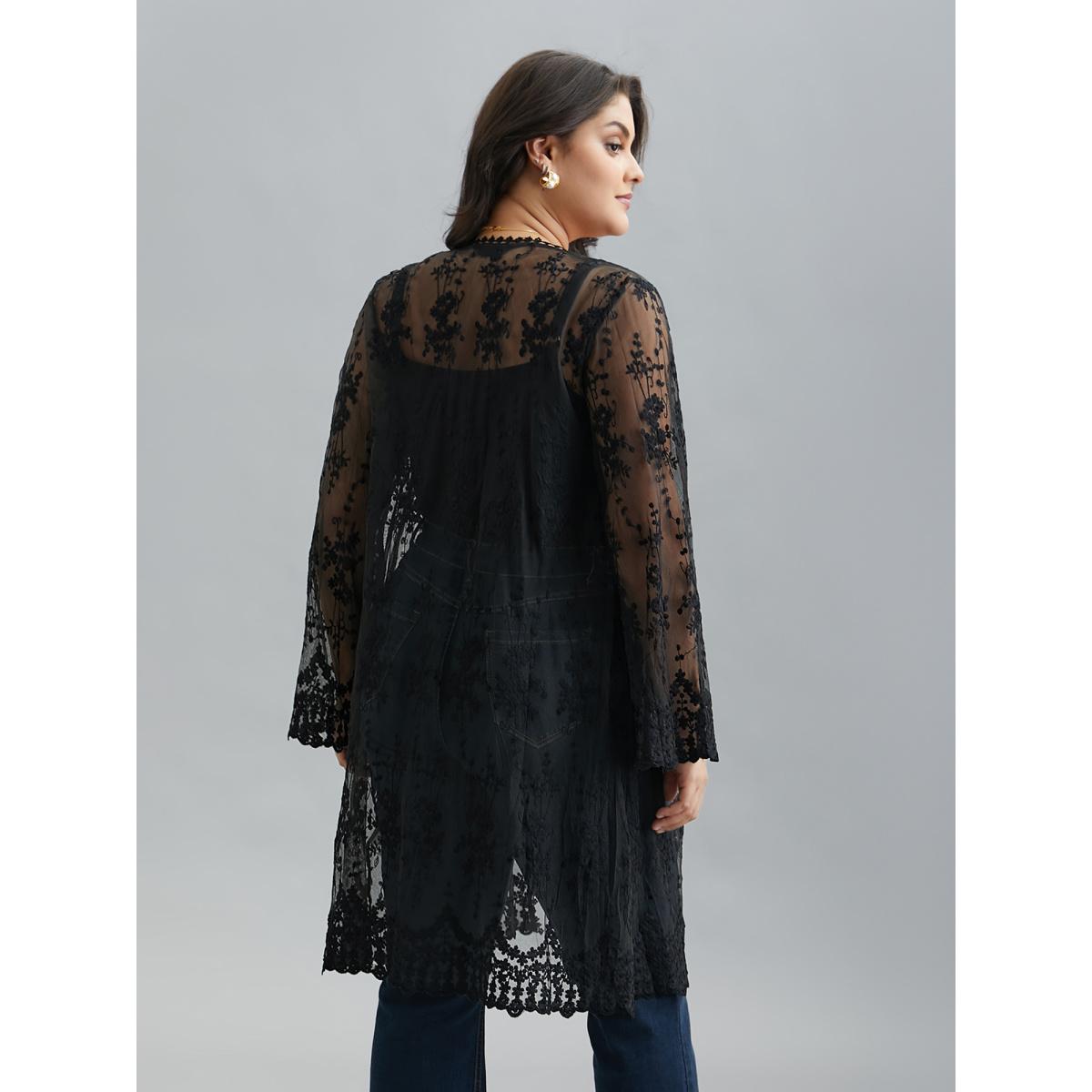 Plus Size Lace Embroidered Sheer Open-Front Kimono Women Black Elegant Woven ribbon&lace trim Loose Everyday Kimonos BloomChic 22-24/3X Product Image