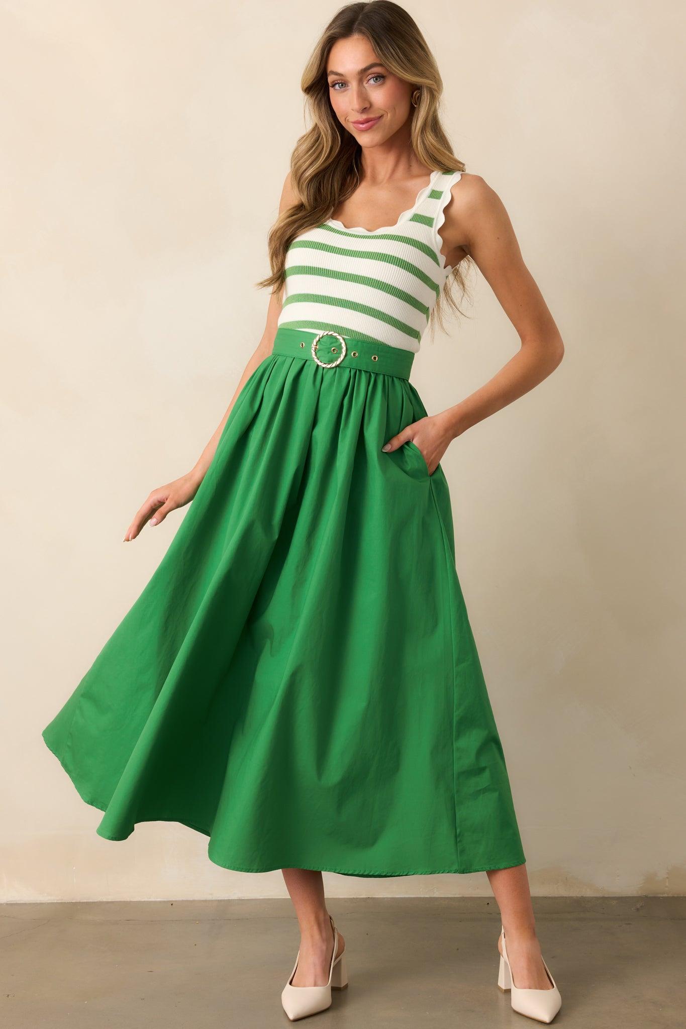 Greer Eden Green Stripe Cotton Midi Dress Product Image