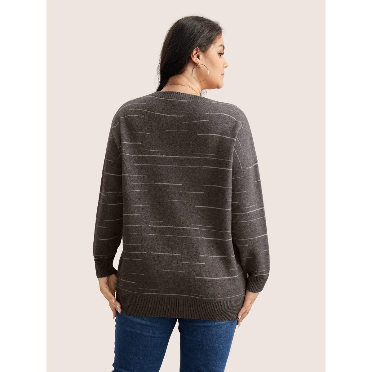 Plus Size Supersoft Essentials Asymmetrical Striped Round Neck Pullover DarkBrown Women Casual Long Sleeve Round Neck Everyday Pullovers BloomChic 10/M Product Image