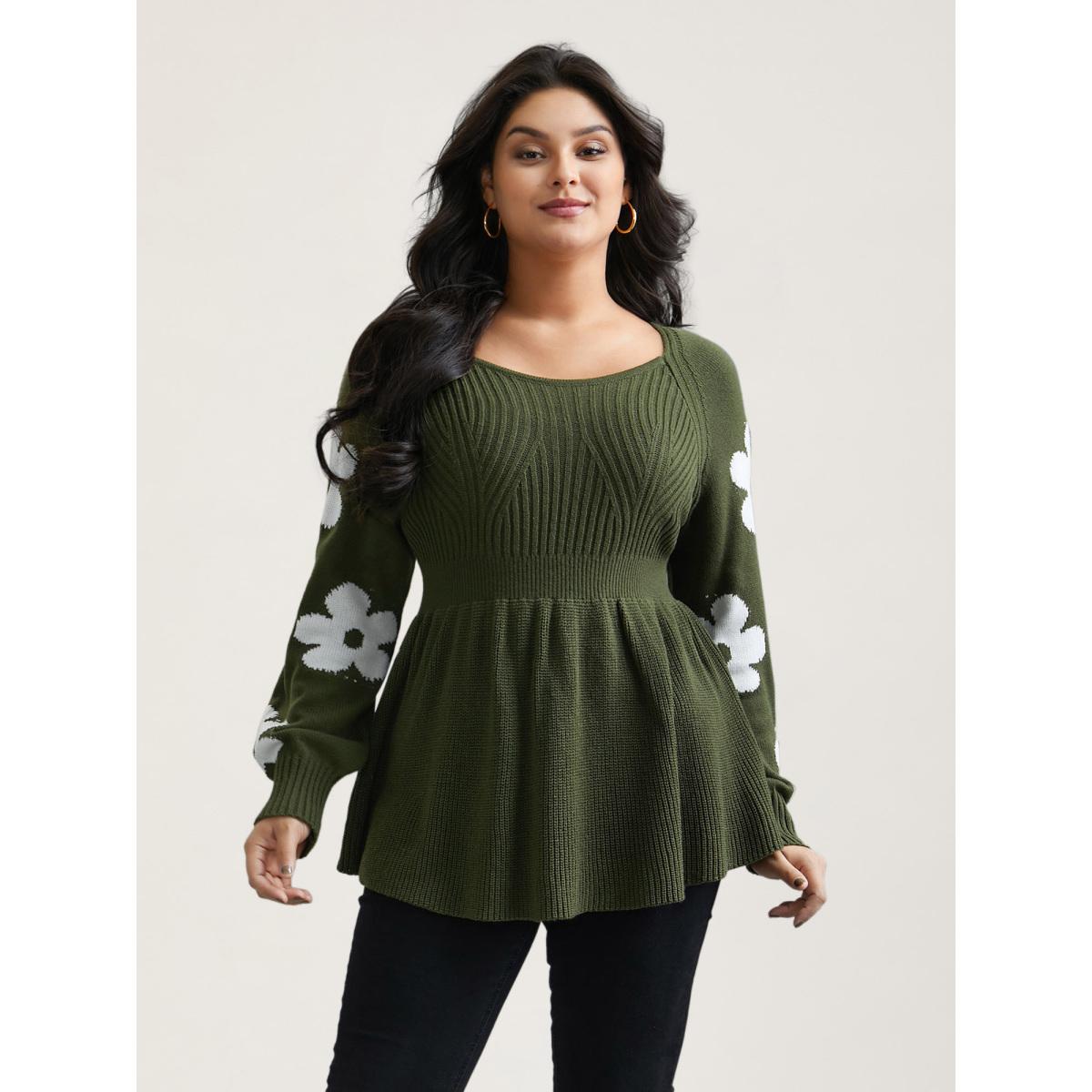Plus Size Floral Patch Jacquard Cinched Waist Pullover ArmyGreen Women Timeless Bodycon Long Sleeve Square Neck Elegant Pullovers BloomChic 14-16/1X Product Image