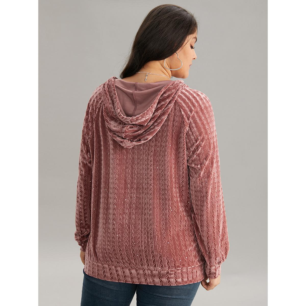 Plus Size Textured Sequin Velvet Half Zip Pocket Sweatshirt Women DustyPink Casual Velvet Hooded Everyday Sweatshirts BloomChic 10/M Product Image