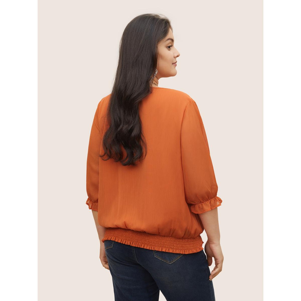 Plus Size Orange Chiffon Shirred Ruffle Trim Lace Panel Blouse Women Elegant Half Sleeve Round Neck Everyday Blouses BloomChic 18-20/2X Product Image