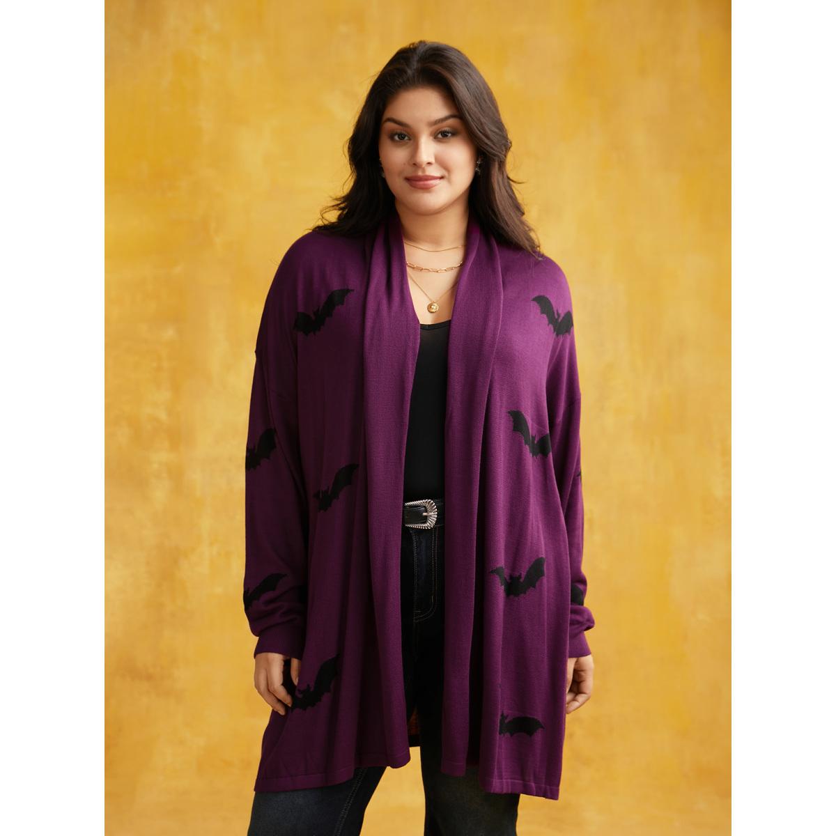 Plus Size Supersoft Essentials Halloween Bat Pattern Lapel Collar Cardigan Rust Women Playful Loose Long Sleeve Casual Cardigans BloomChic 30/6X Product Image