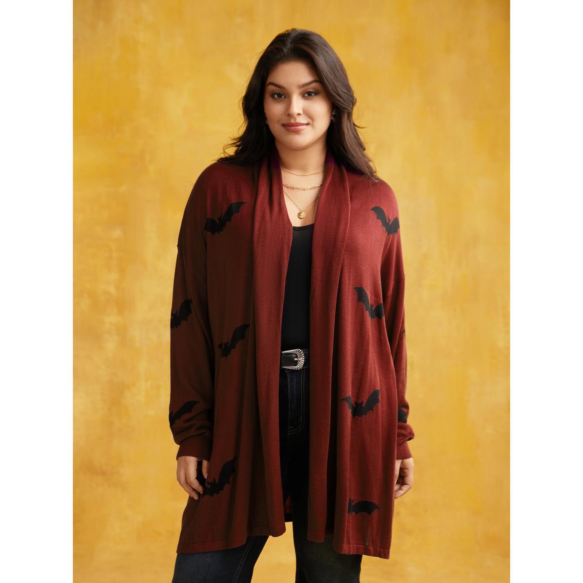 Plus Size Supersoft Essentials Halloween Bat Pattern Lapel Collar Cardigan Rust Women Playful Loose Long Sleeve Casual Cardigans BloomChic 30/6X Product Image