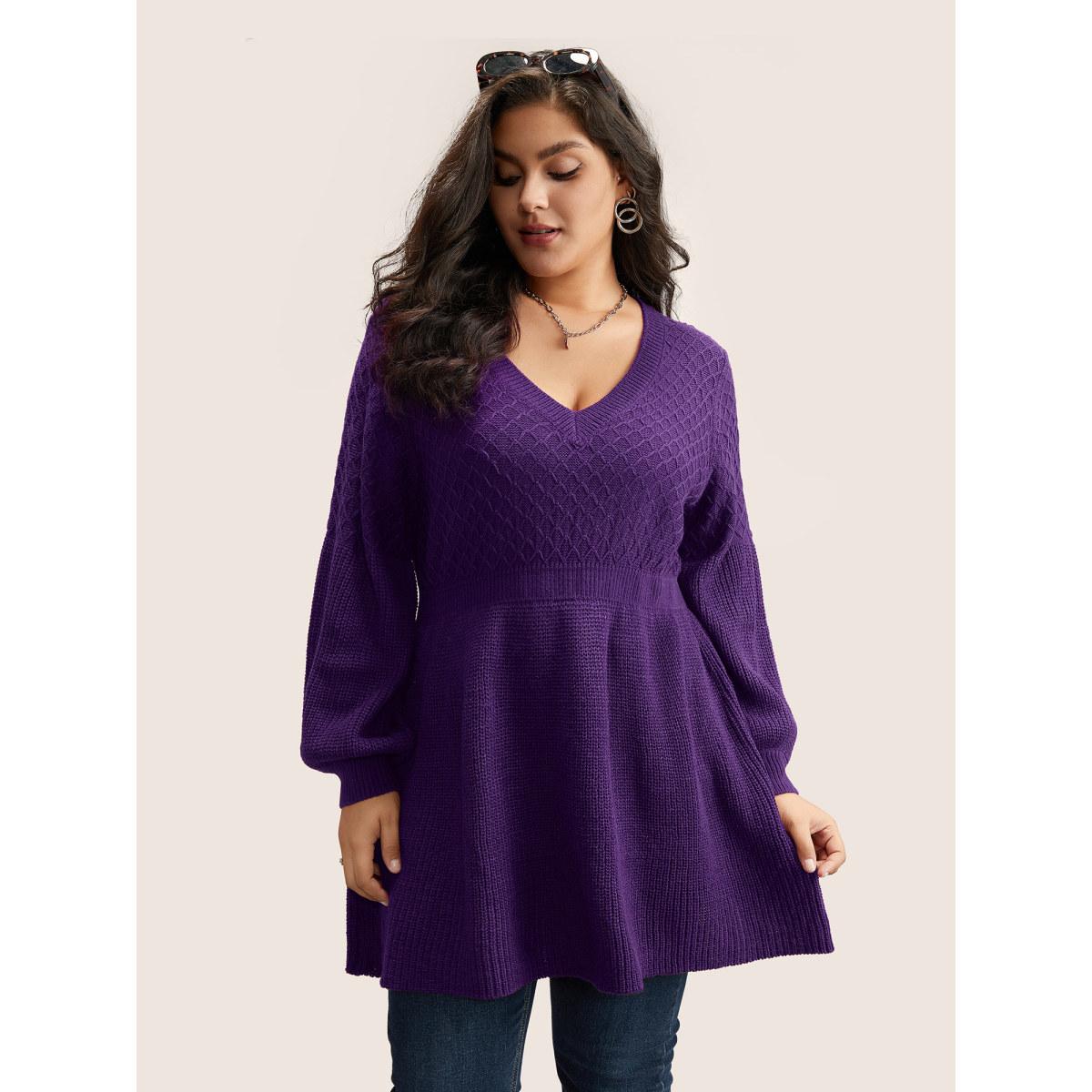 Plus Size Plain Plisse Lantern Sleeve A Line Pullover Eggplant Women Elegant Long Sleeve V-neck Everyday Pullovers BloomChic 12/L Product Image