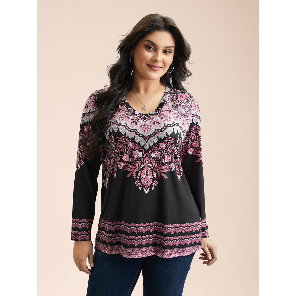 Plus Size Stretchy Boho Print Full Sleeve T-Shirt Black Women Casual Contrast V-neck Everyday T-shirts BloomChic 22-24/3X Product Image