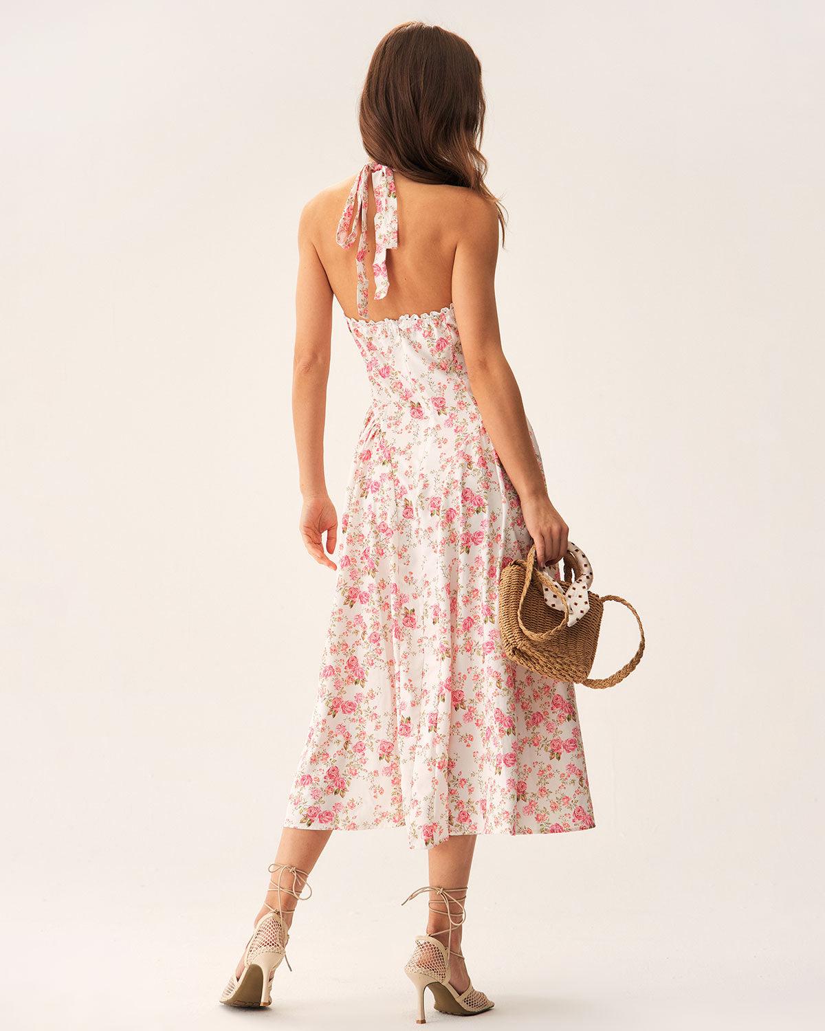 Pink Floral Halter Midi Dress Product Image