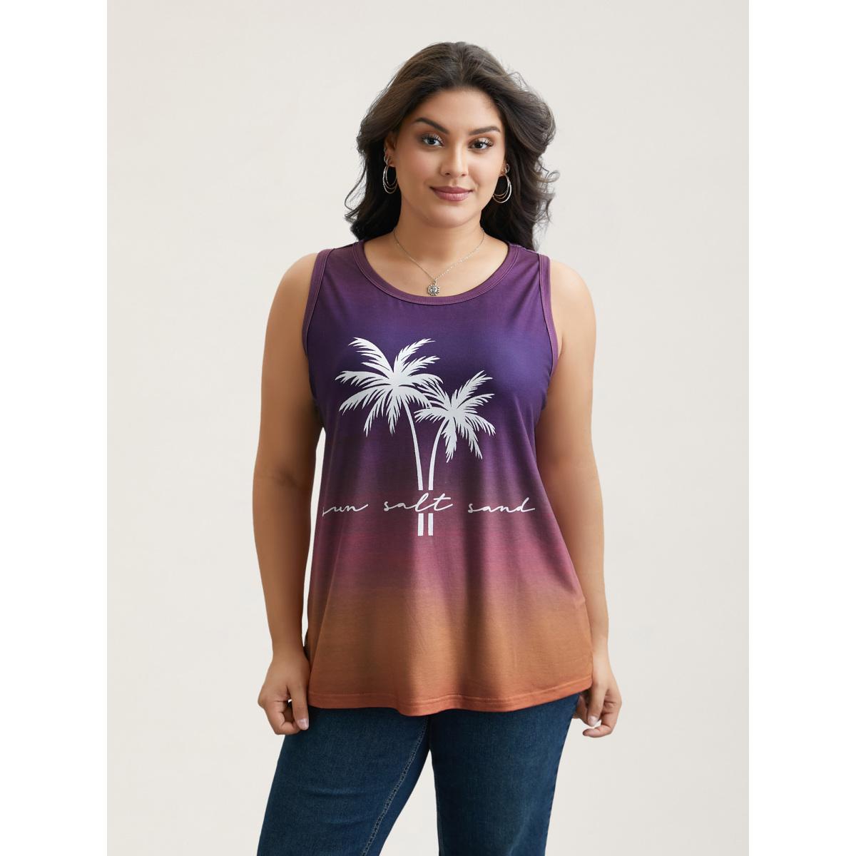 Plus Size Tropical Print Round Neck Gradient Vest Women Multicolor Casual Contrast Round Neck Everyday Tank Tops Camis BloomChic 12/L Product Image