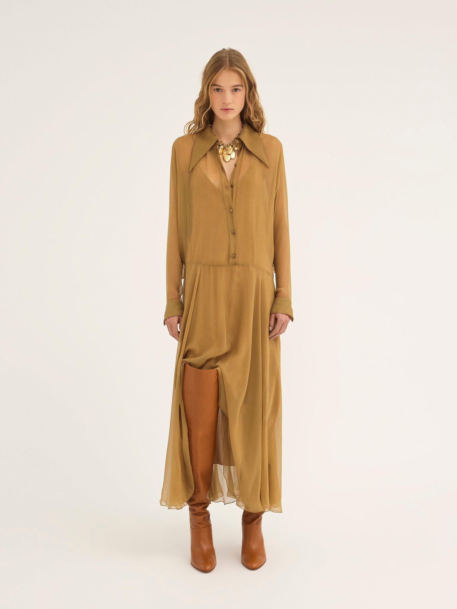 Fluid long shirt dress in silk mousseline Product Image
