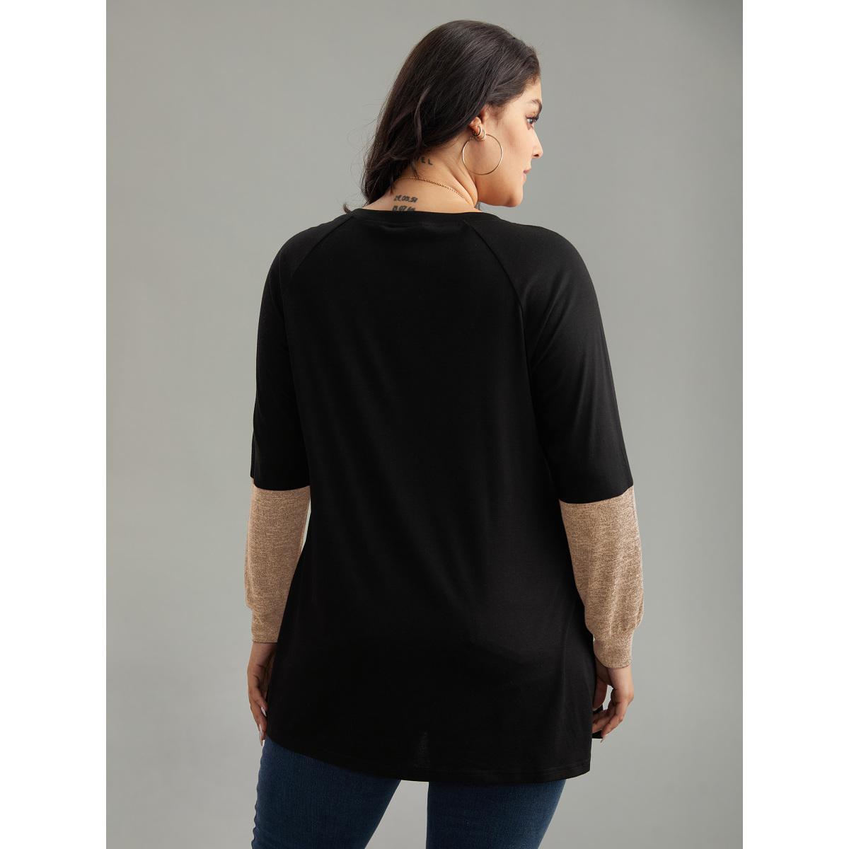 Plus Size Two Tone Patchwork Heather Arc Hem T-shirt Tan Women Casual Contrast Plain Round Neck Dailywear T-shirts BloomChic 22-24/3X Product Image