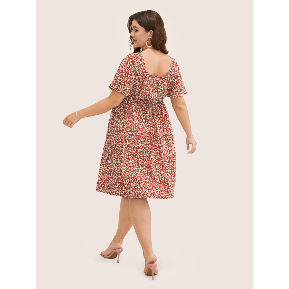 Plus Size Ditsy Floral Ruched Pocket Flutter Drawstring Knee Dress Crimson Women Elegant Non V-neck Short sleeve Curvy Knee Dress BloomChic 14-16/1X Product Image
