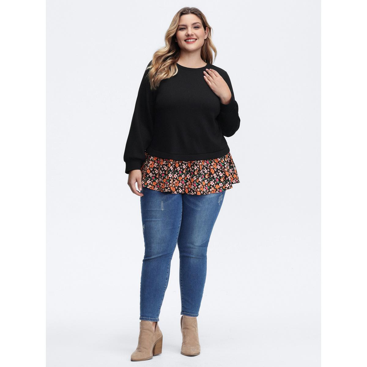 Plus Size Supersoft Floral Spliced Layered Sweatshirt Women Black Leisure Contrast Round Neck Casual Sweatshirts BloomChic 26/4X Product Image