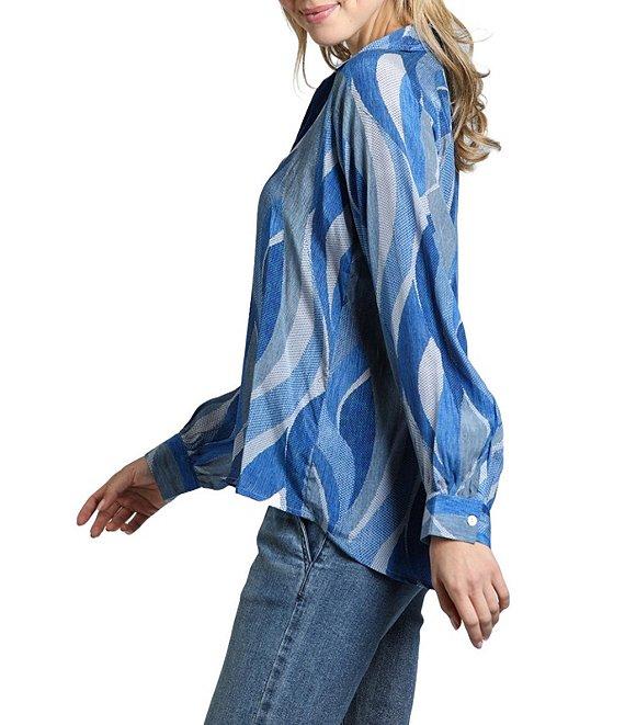APNY Printed Collared V-Neck Long Sleeve Blouse Product Image