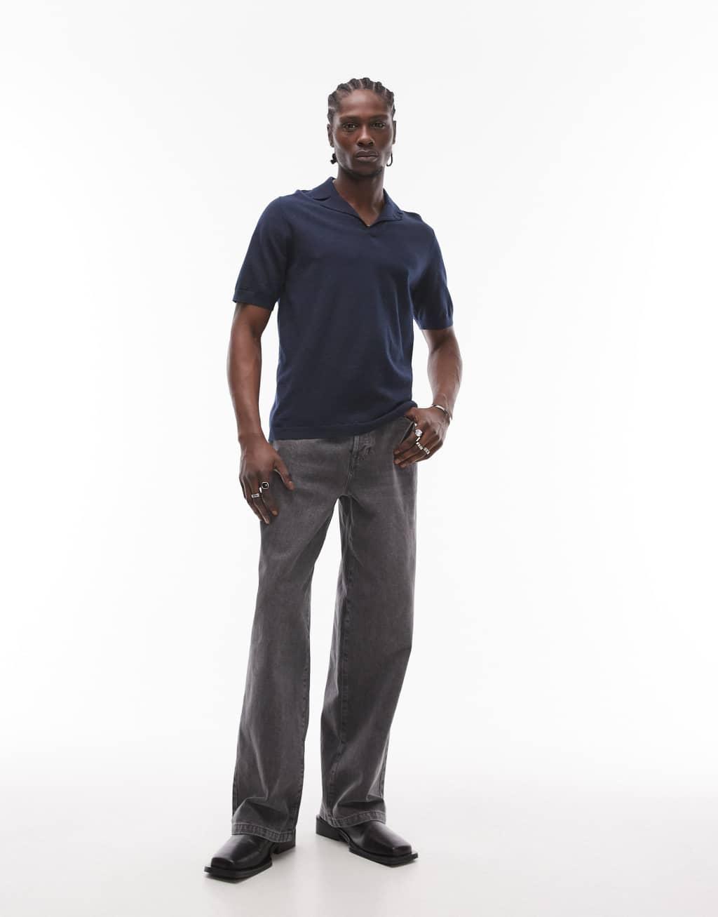 Topman short sleeve knit open revere shirt in navy Product Image