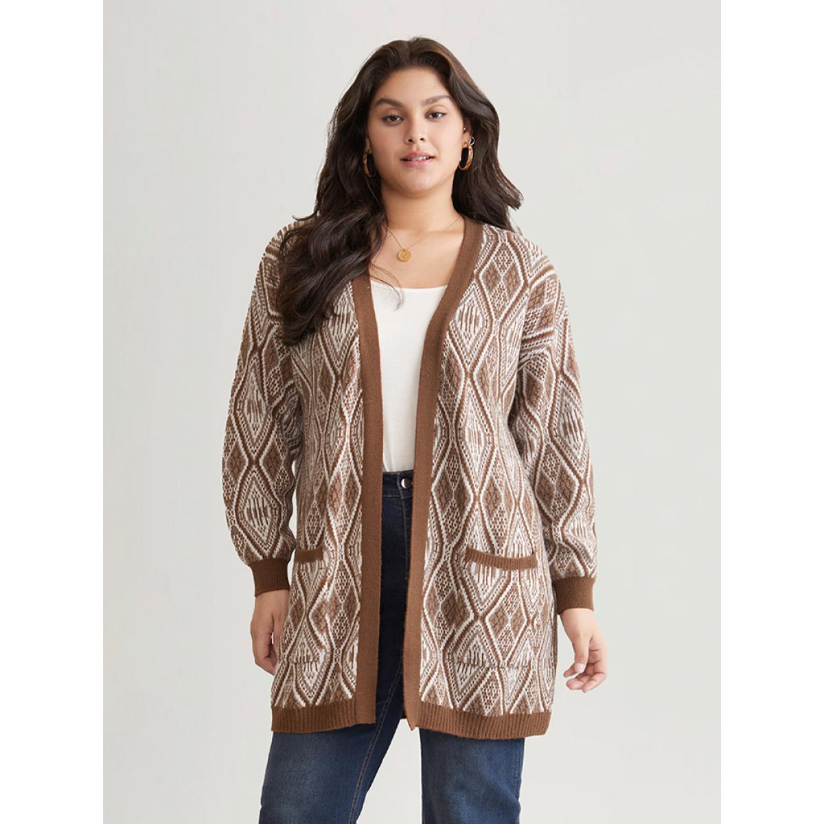 Plus Size Geometric Graphic Patched Pocket Jacquard Cardigan DarkBrown Women Casual Loose Long Sleeve Dailywear Cardigans BloomChic 22-24/3X Product Image
