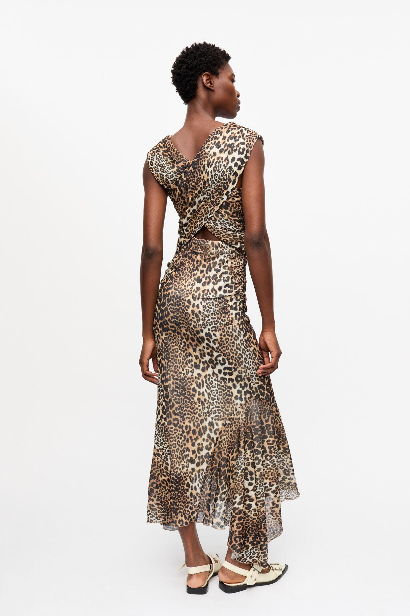 Leopard Marl Mesh Long Ruched Crossover Dress Product Image
