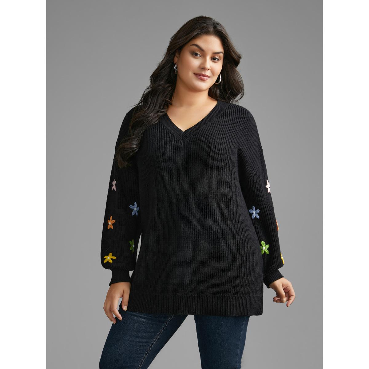 Plus Size V Neck Crochet Floral Drop Shoulder Pullover Black Women Casual Loose Long Sleeve V-neck Everyday Pullovers BloomChic 10/M Product Image